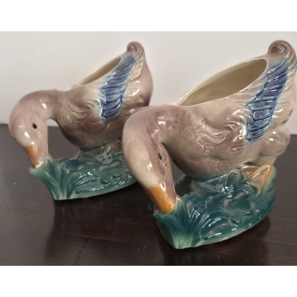 Pair Vintage Royal Copley Duck Planter Vase 5" Hand Painted *Tiny Chip On 1